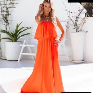 NWT VICI VIVID STRAPLESS SLIT MAXI DRESS - BRIGHT ORANGE -